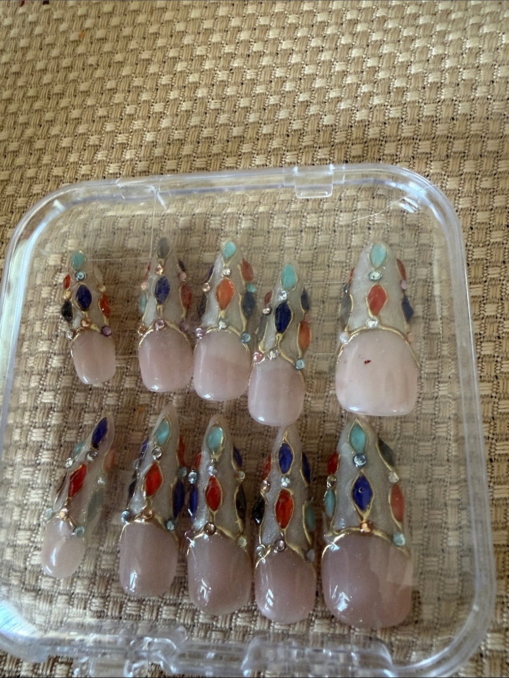 Gemstone Accent Nude Press-On Nail Set with Multicolor Details